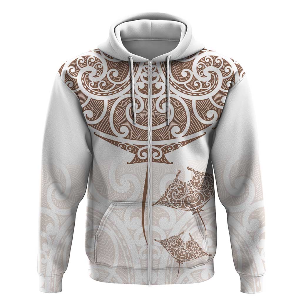 New Zealand Manta Ray Tattoo Zip Hoodie Aotearoa Maori Haehae Beige - Polynesian Pride