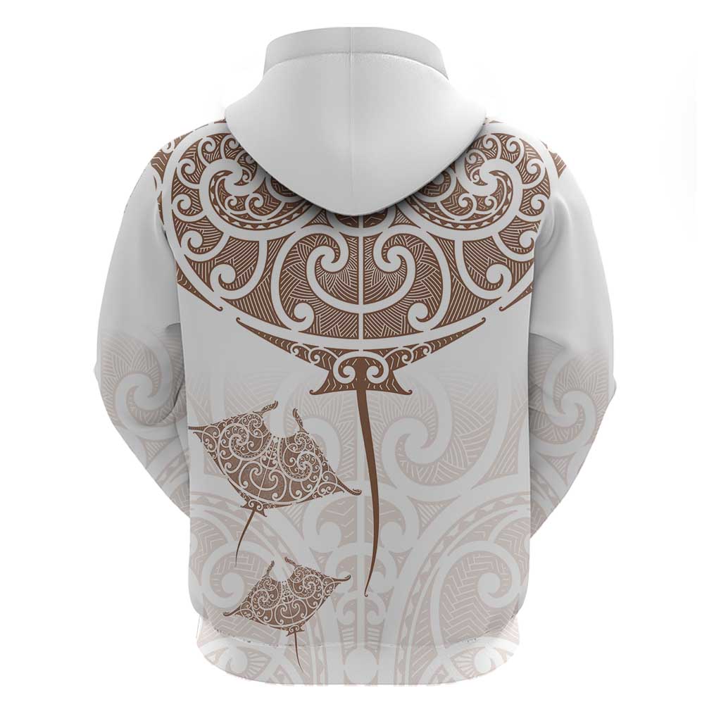 New Zealand Manta Ray Tattoo Zip Hoodie Aotearoa Maori Haehae Beige - Polynesian Pride