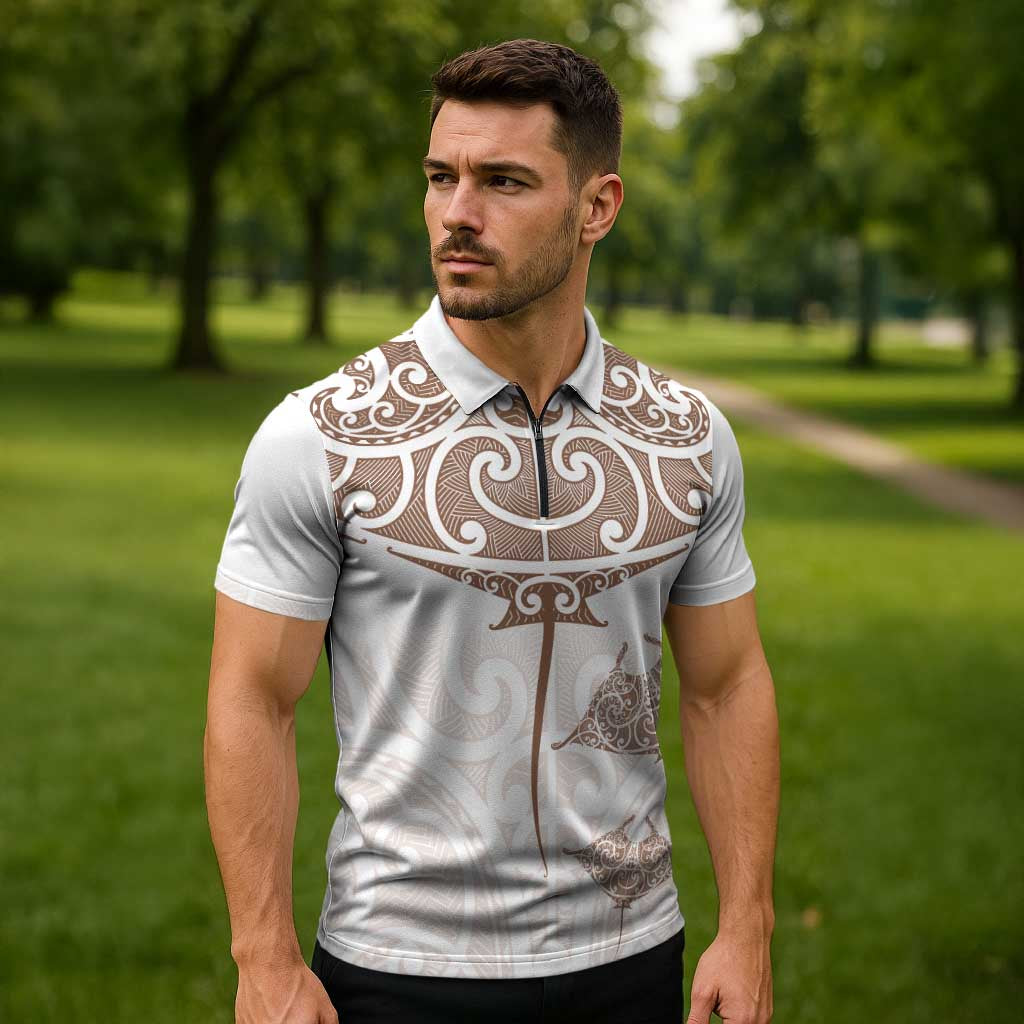 New Zealand Manta Ray Tattoo Zipper Polo Shirt Aotearoa Maori Haehae Beige - Polynesian Pride