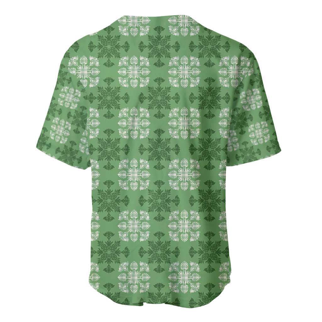 Green Hawaiian Quilt Baseball Jersey Hawaii Pineapple Monstera Palaka Motifs LT14 - Polynesian Pride