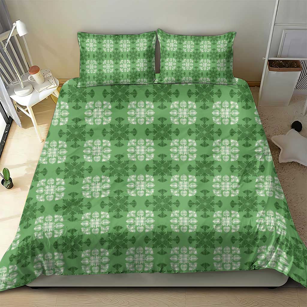 Green Hawaiian Quilt Bedding Set Hawaii Pineapple Monstera Palaka Motifs - Polynesian Pride