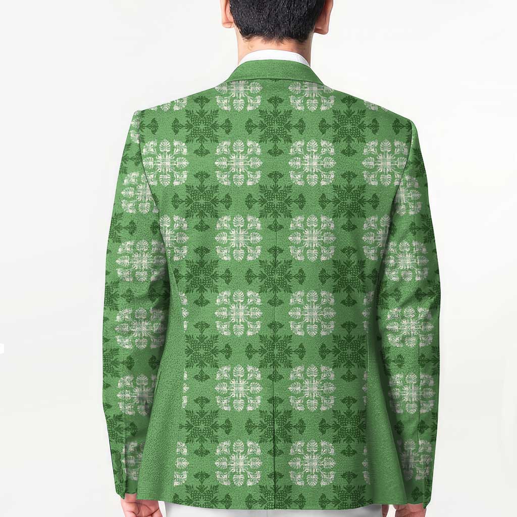 Green Hawaiian Quilt Blazer Hawaii Pineapple Monstera Palaka Motifs - Polynesian Pride