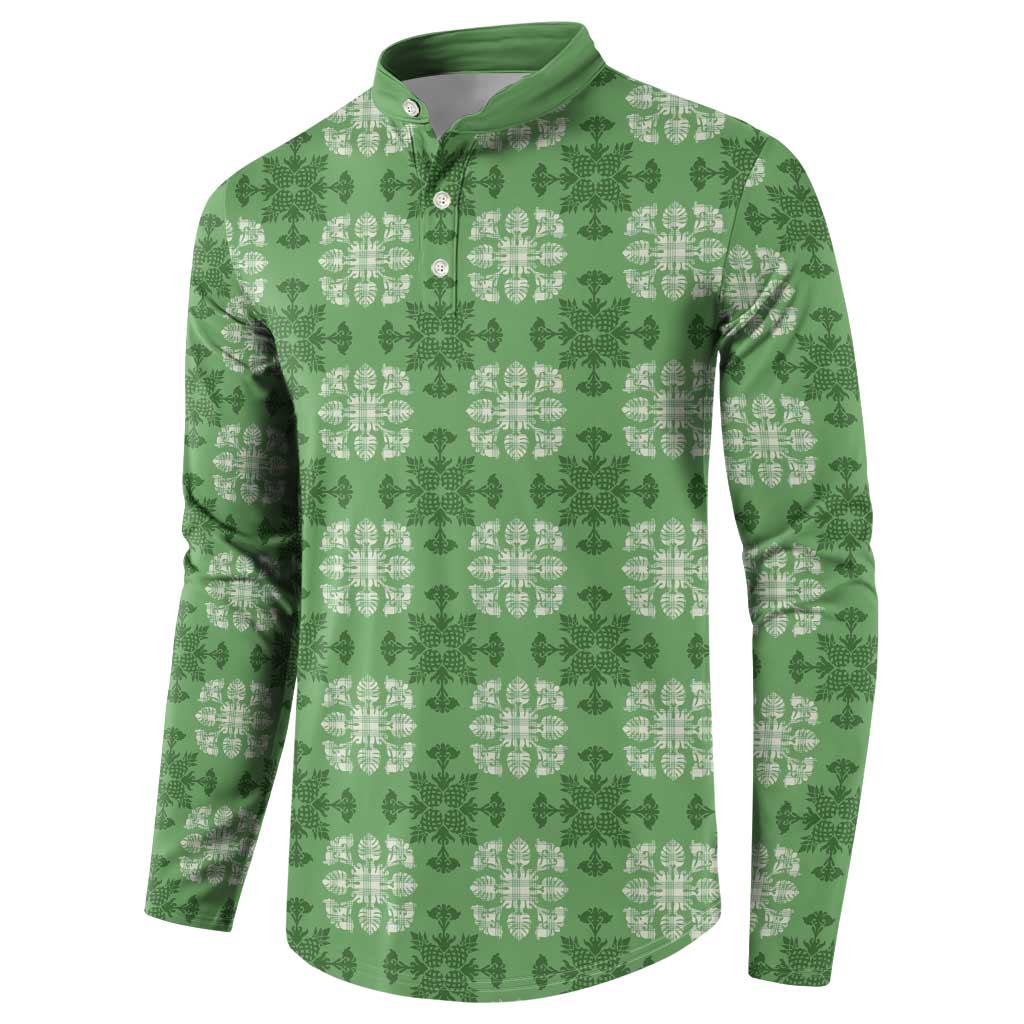 Green Hawaiian Quilt Button Sweatshirt Hawaii Pineapple Monstera Palaka Motifs - Polynesian Pride