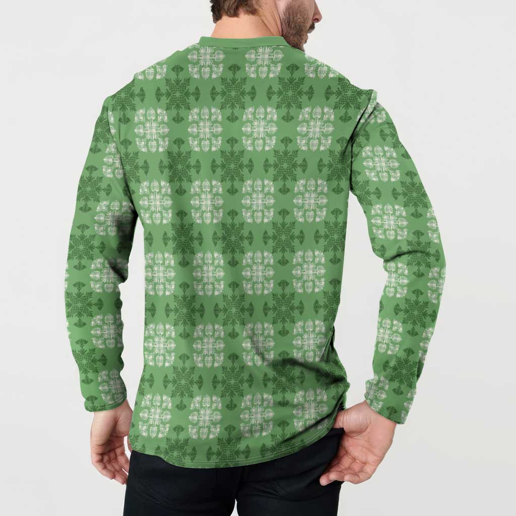 Green Hawaiian Quilt Button Sweatshirt Hawaii Pineapple Monstera Palaka Motifs - Polynesian Pride