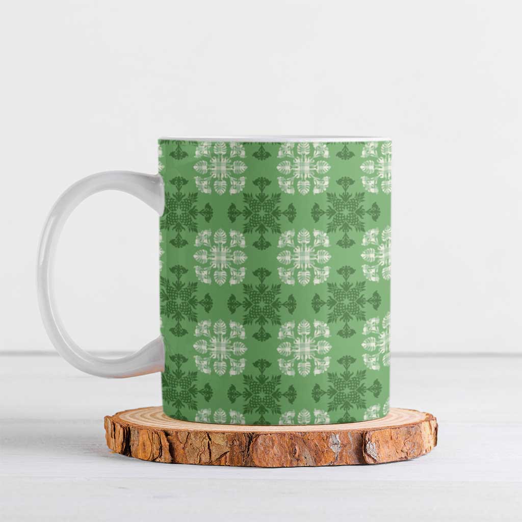 Green Hawaiian Quilt Ceramic Mug Hawaii Pineapple Monstera Palaka Motifs - Polynesian Pride