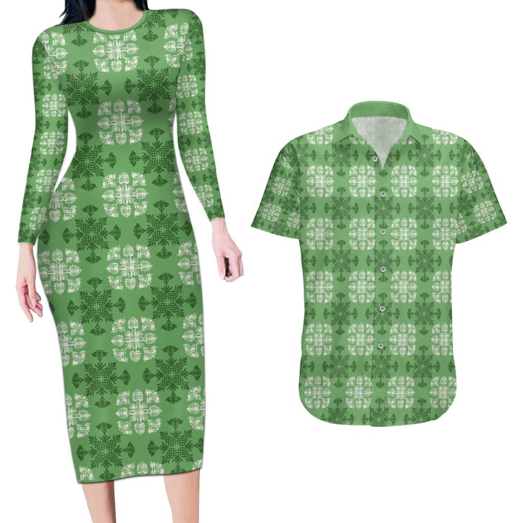 Green Hawaiian Quilt Couples Matching Long Sleeve Bodycon Dress and Hawaiian Shirt Hawaii Pineapple Monstera Palaka Motifs LT14 Green - Polynesian Pride