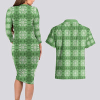 Green Hawaiian Quilt Couples Matching Long Sleeve Bodycon Dress and Hawaiian Shirt Hawaii Pineapple Monstera Palaka Motifs LT14 - Polynesian Pride