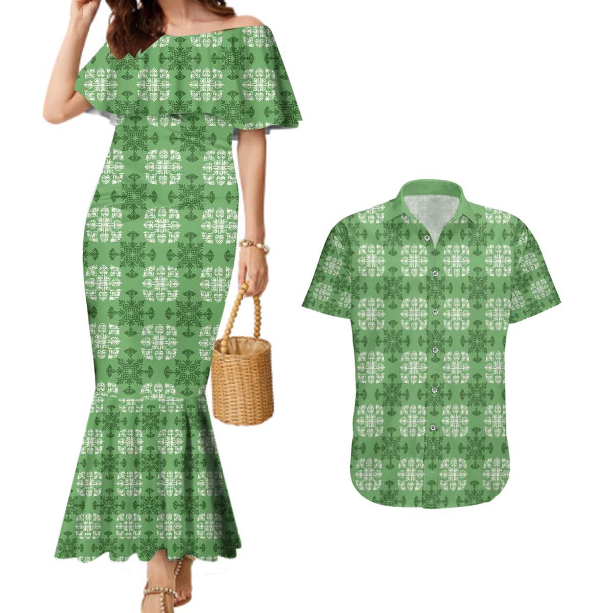 Green Hawaiian Quilt Couples Matching Mermaid Dress and Hawaiian Shirt Hawaii Pineapple Monstera Palaka Motifs LT14 Green - Polynesian Pride