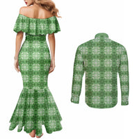 Green Hawaiian Quilt Couples Matching Mermaid Dress and Long Sleeve Button Shirt Hawaii Pineapple Monstera Palaka Motifs LT14 - Polynesian Pride