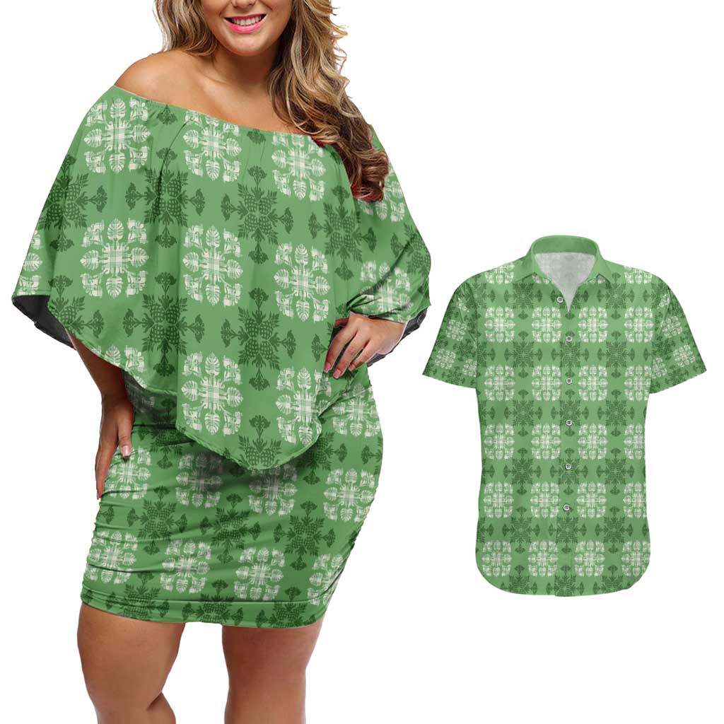 Green Hawaiian Quilt Couples Matching Off Shoulder Short Dress and Hawaiian Shirt Hawaii Pineapple Monstera Palaka Motifs - Polynesian Pride