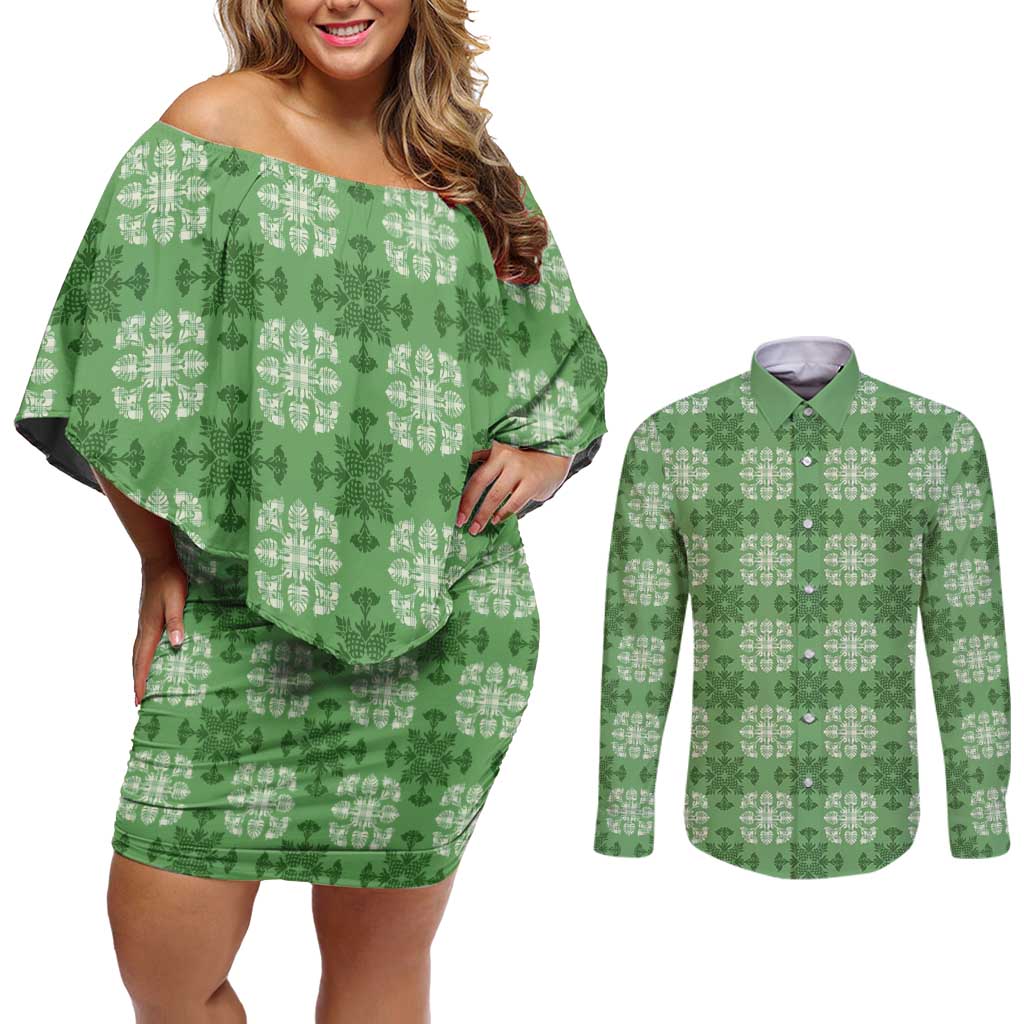 Green Hawaiian Quilt Couples Matching Off Shoulder Short Dress and Long Sleeve Button Shirt Hawaii Pineapple Monstera Palaka Motifs - Polynesian Pride
