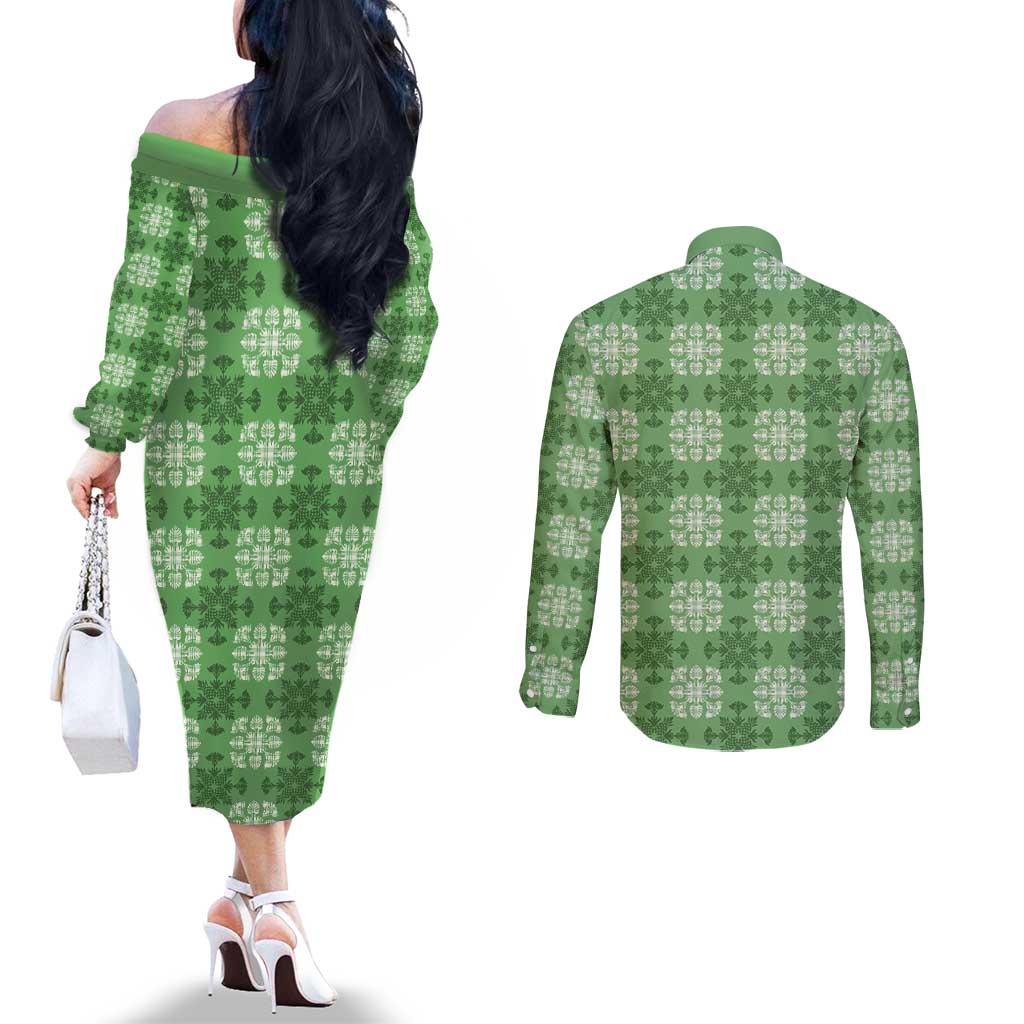 Green Hawaiian Quilt Couples Matching Off The Shoulder Long Sleeve Dress and Long Sleeve Button Shirt Hawaii Pineapple Monstera Palaka Motifs LT14 - Polynesian Pride