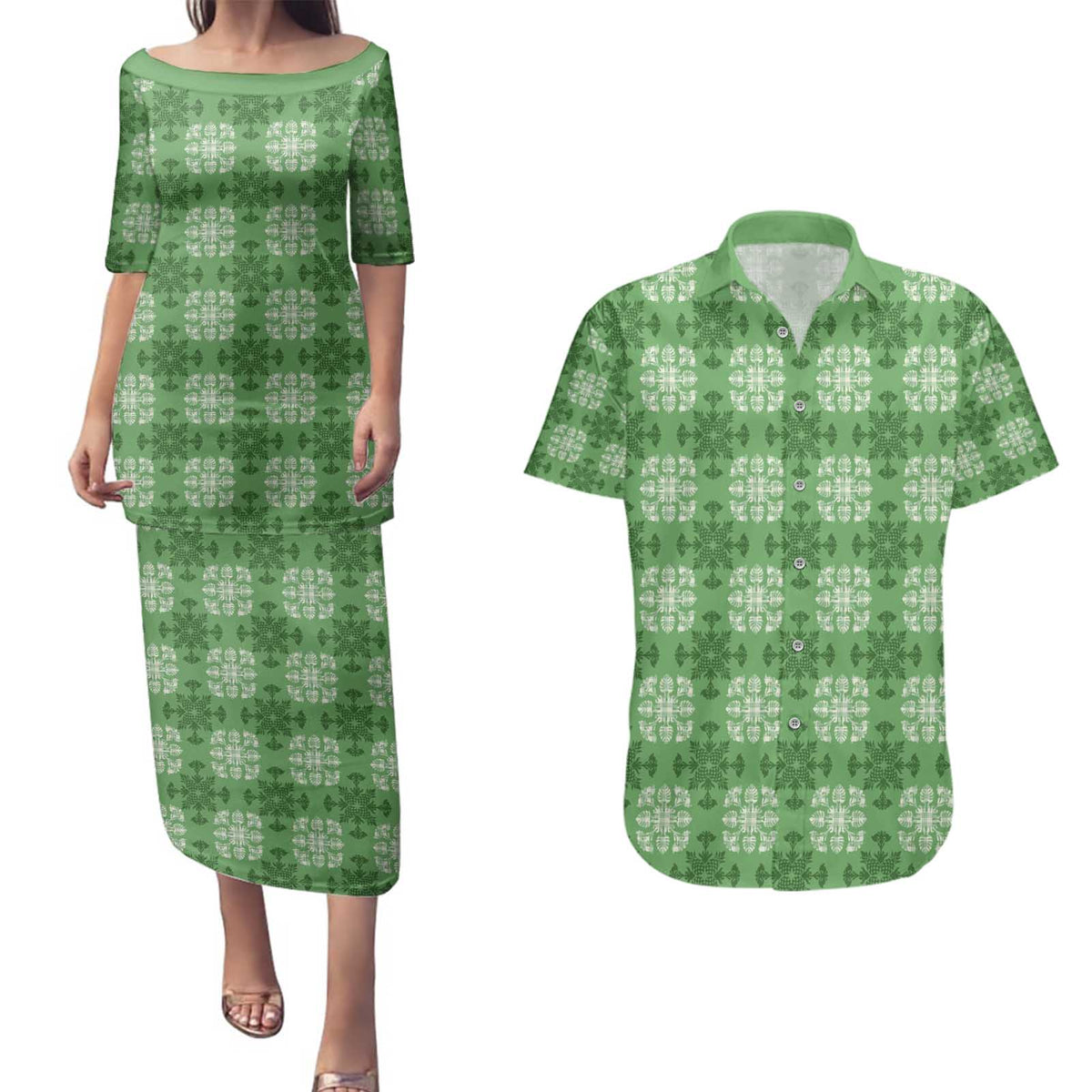 Green Hawaiian Quilt Couples Matching Puletasi and Hawaiian Shirt Hawaii Pineapple Monstera Palaka Motifs - Polynesian Pride
