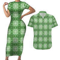 Green Hawaiian Quilt Couples Matching Short Sleeve Bodycon Dress and Hawaiian Shirt Hawaii Pineapple Monstera Palaka Motifs LT14 Green - Polynesian Pride