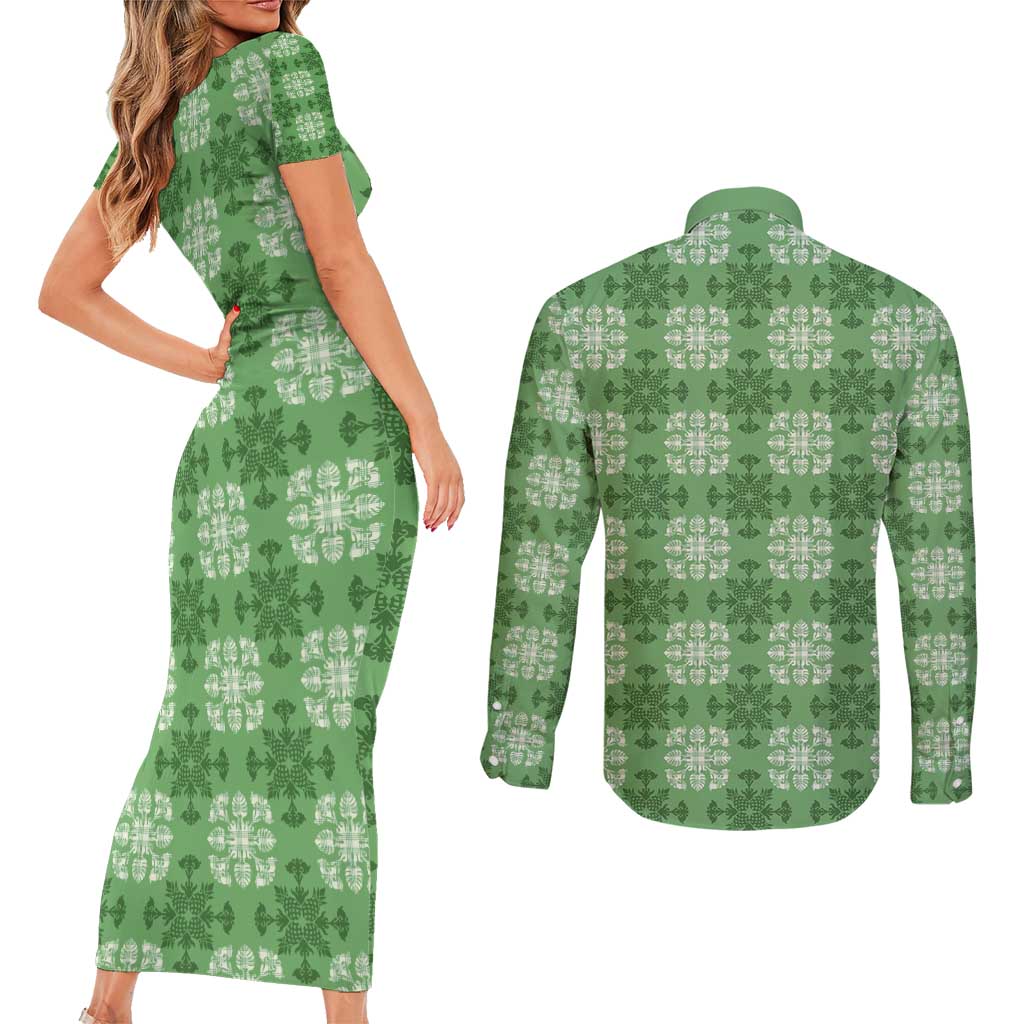 Green Hawaiian Quilt Couples Matching Short Sleeve Bodycon Dress and Long Sleeve Button Shirt Hawaii Pineapple Monstera Palaka Motifs LT14 - Polynesian Pride
