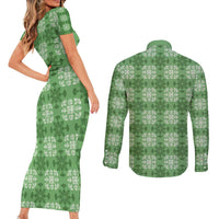 Green Hawaiian Quilt Couples Matching Short Sleeve Bodycon Dress and Long Sleeve Button Shirt Hawaii Pineapple Monstera Palaka Motifs LT14 - Polynesian Pride