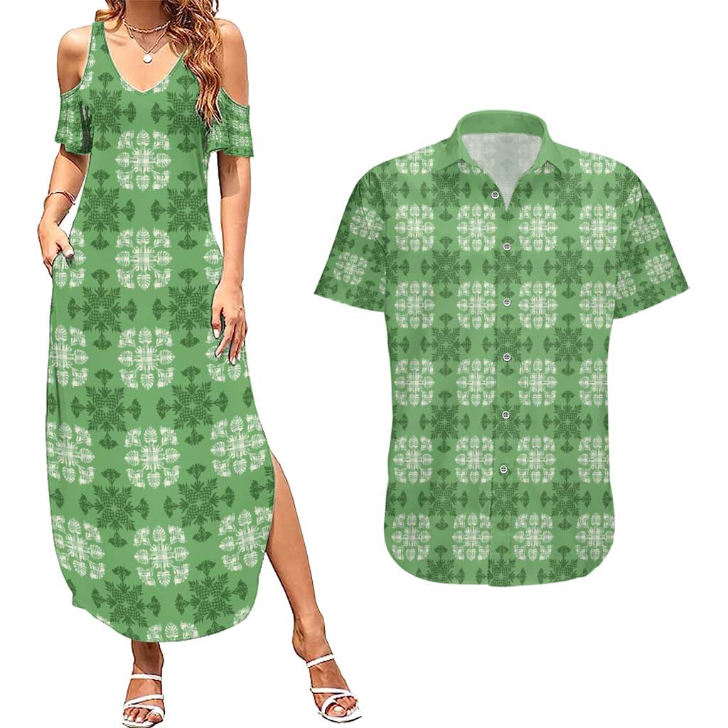 Green Hawaiian Quilt Couples Matching Summer Maxi Dress and Hawaiian Shirt Hawaii Pineapple Monstera Palaka Motifs LT14 Green - Polynesian Pride