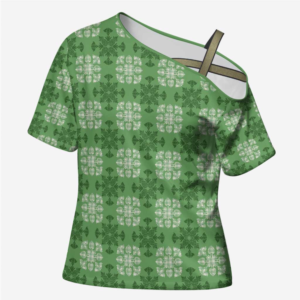 Green Hawaiian Quilt Cross Shoulder Shirt Hawaii Pineapple Monstera Palaka Motifs - Polynesian Pride
