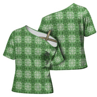 Green Hawaiian Quilt Cross Shoulder Shirt Hawaii Pineapple Monstera Palaka Motifs - Polynesian Pride