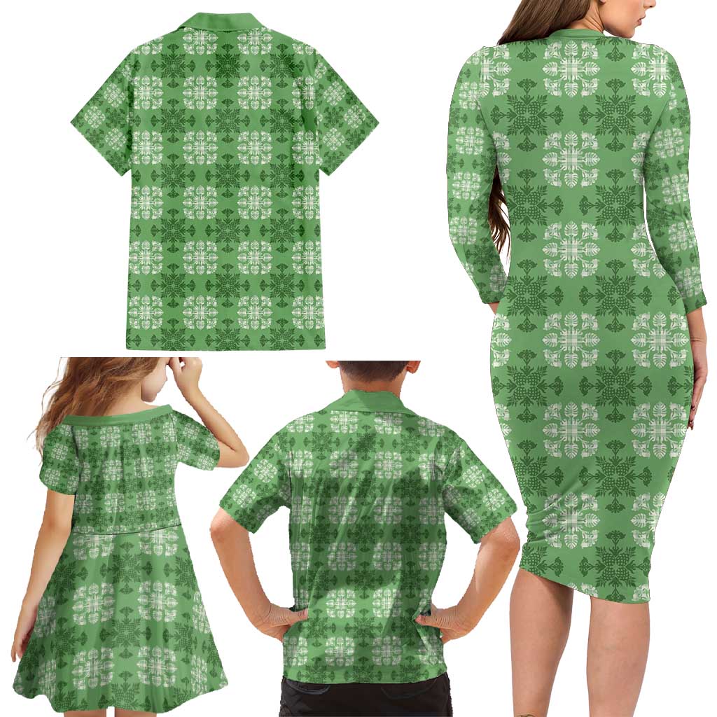 Green Hawaiian Quilt Family Matching Long Sleeve Bodycon Dress and Hawaiian Shirt Hawaii Pineapple Monstera Palaka Motifs - Polynesian Pride