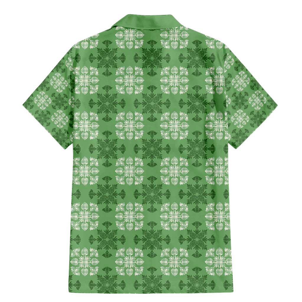 Green Hawaiian Quilt Family Matching Mermaid Dress and Hawaiian Shirt Hawaii Pineapple Monstera Palaka Motifs - Polynesian Pride