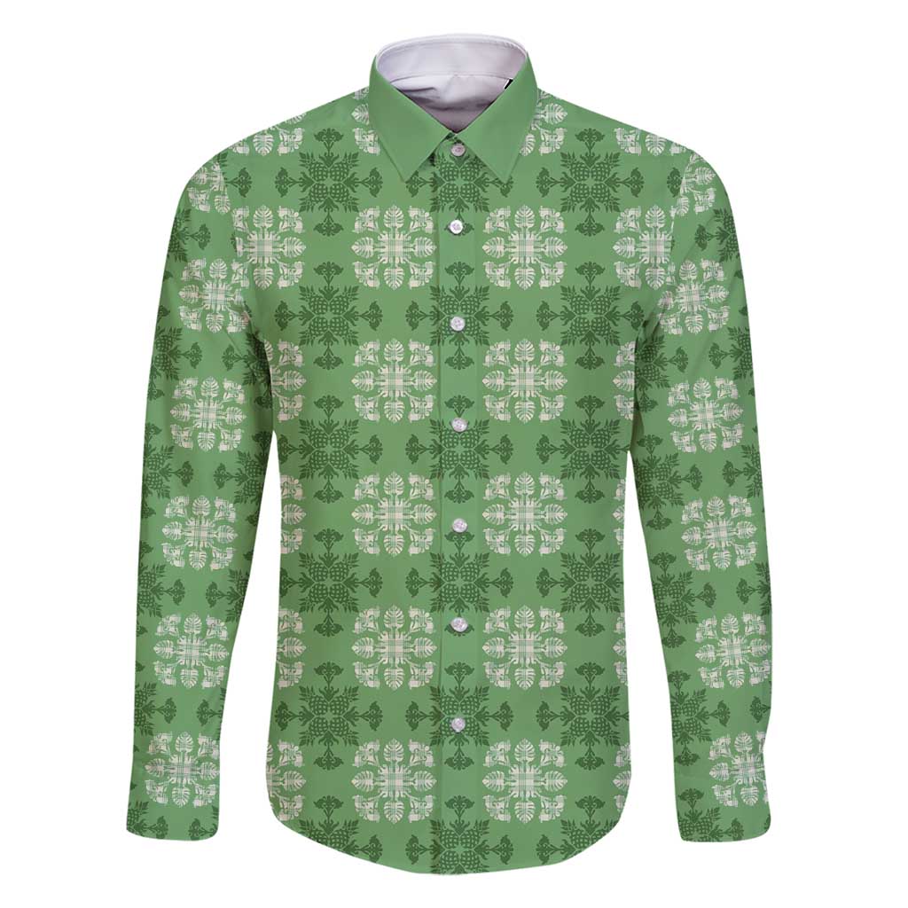 Green Hawaiian Quilt Family Matching Mermaid Dress and Hawaiian Shirt Hawaii Pineapple Monstera Palaka Motifs - Polynesian Pride