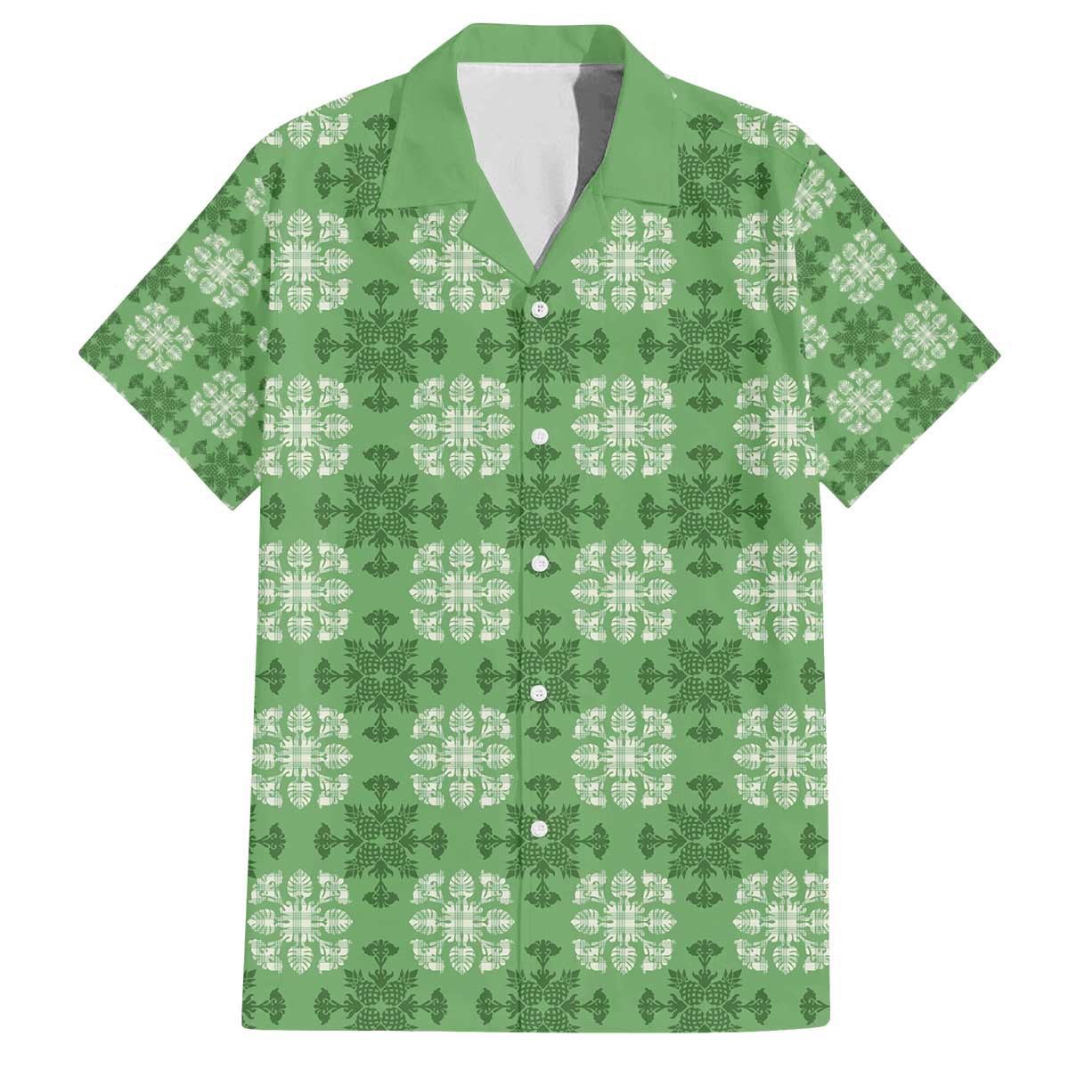 Green Hawaiian Quilt Family Matching Off The Shoulder Long Sleeve Dress and Hawaiian Shirt Hawaii Pineapple Monstera Palaka Motifs - Polynesian Pride