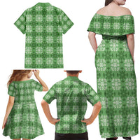 Green Hawaiian Quilt Family Matching Off Shoulder Maxi Dress and Hawaiian Shirt Hawaii Pineapple Monstera Palaka Motifs - Polynesian Pride