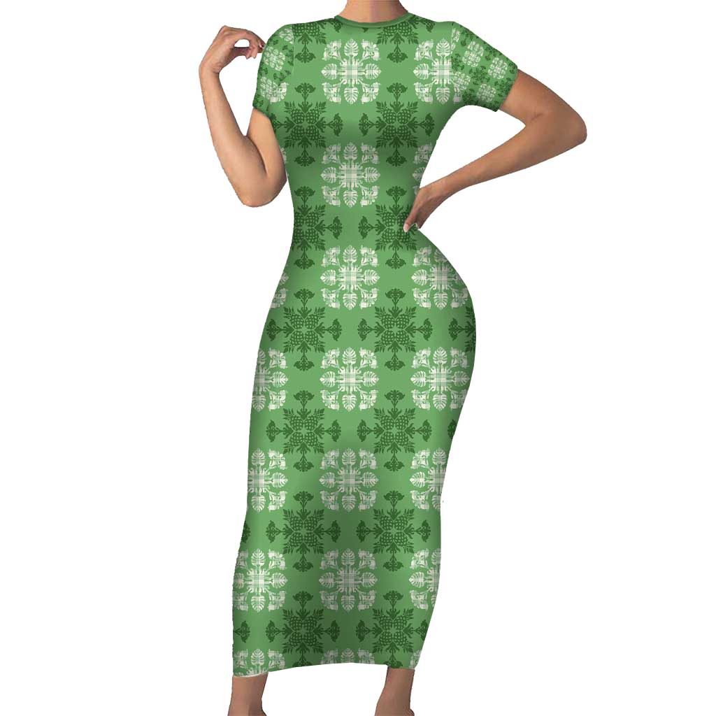 Green Hawaiian Quilt Family Matching Short Sleeve Bodycon Dress and Hawaiian Shirt Hawaii Pineapple Monstera Palaka Motifs - Polynesian Pride