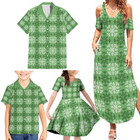 Green Hawaiian Quilt Family Matching Summer Maxi Dress and Hawaiian Shirt Hawaii Pineapple Monstera Palaka Motifs - Polynesian Pride