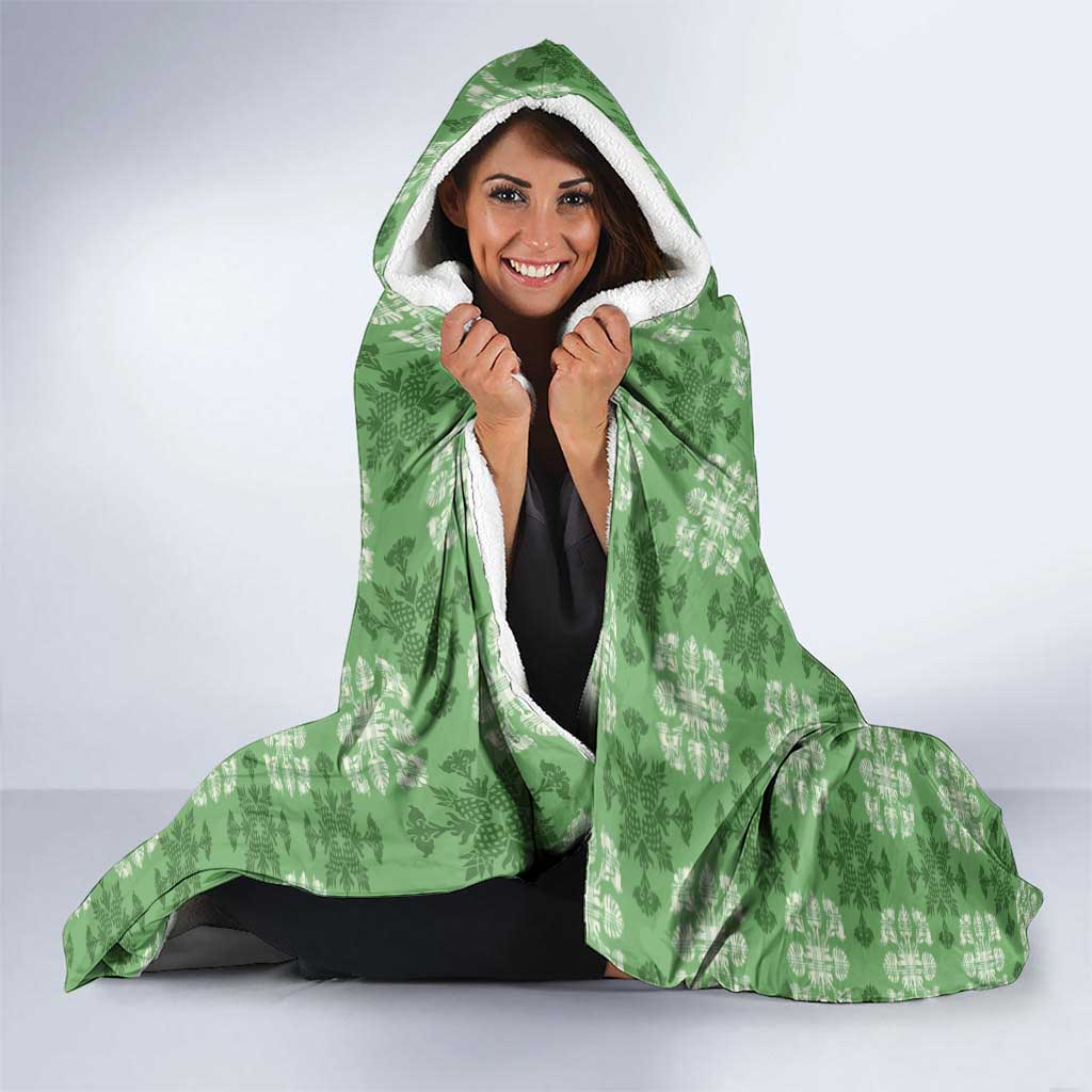 Green Hawaiian Quilt Hooded Blanket Hawaii Pineapple Monstera Palaka Motifs - Polynesian Pride