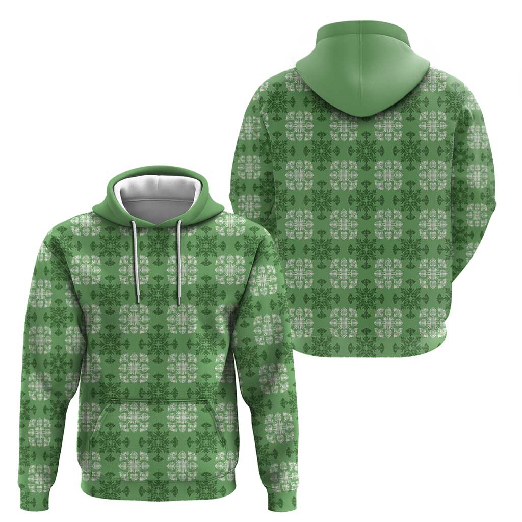 Green Hawaiian Quilt Hoodie Hawaii Pineapple Monstera Palaka Motifs - Polynesian Pride
