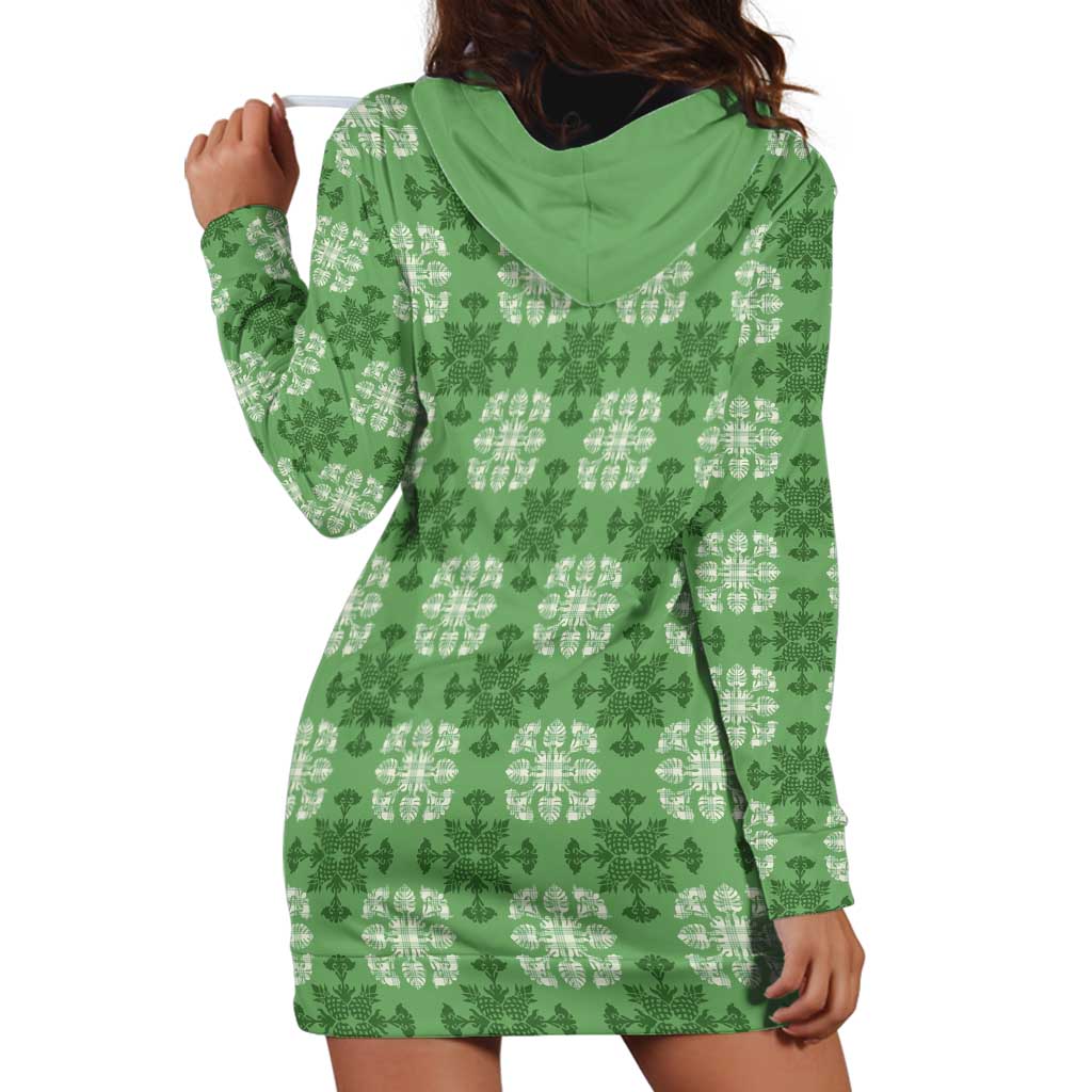 Green Hawaiian Quilt Hoodie Dress Hawaii Pineapple Monstera Palaka Motifs - Polynesian Pride