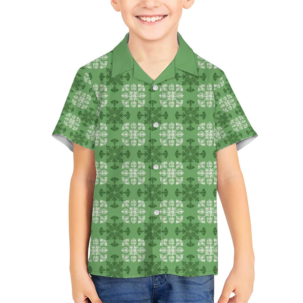 Green Hawaiian Quilt Kid Hawaiian Shirt Hawaii Pineapple Monstera Palaka Motifs - Polynesian Pride