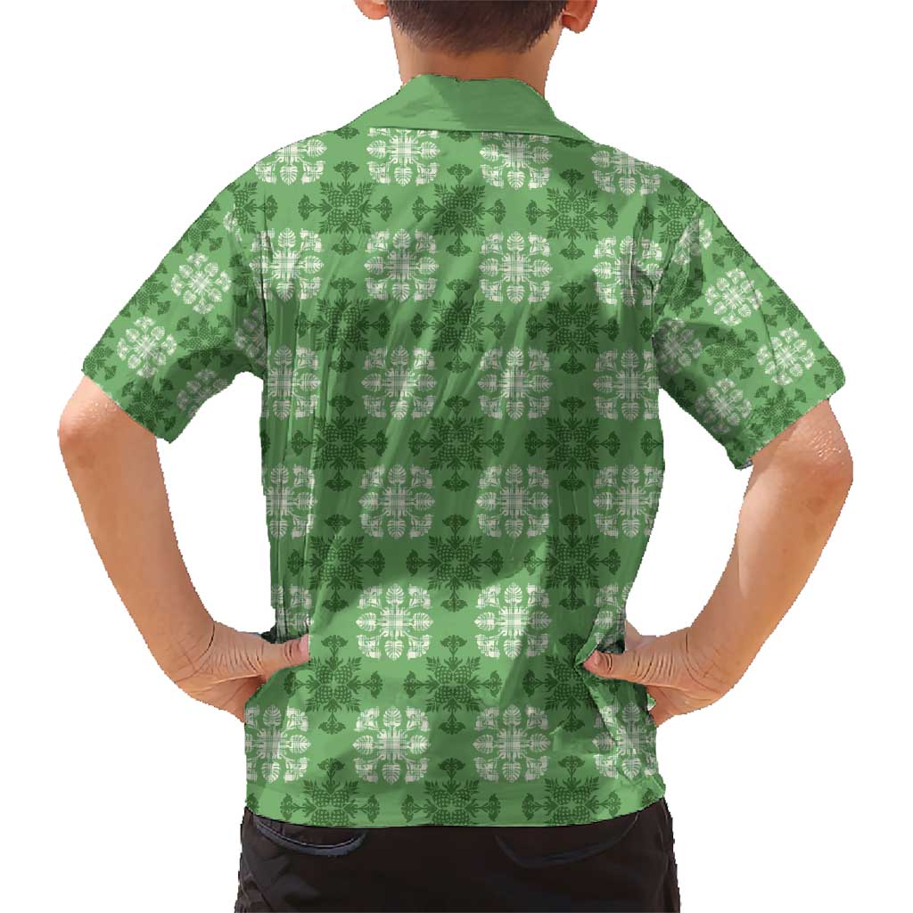 Green Hawaiian Quilt Kid Hawaiian Shirt Hawaii Pineapple Monstera Palaka Motifs - Polynesian Pride