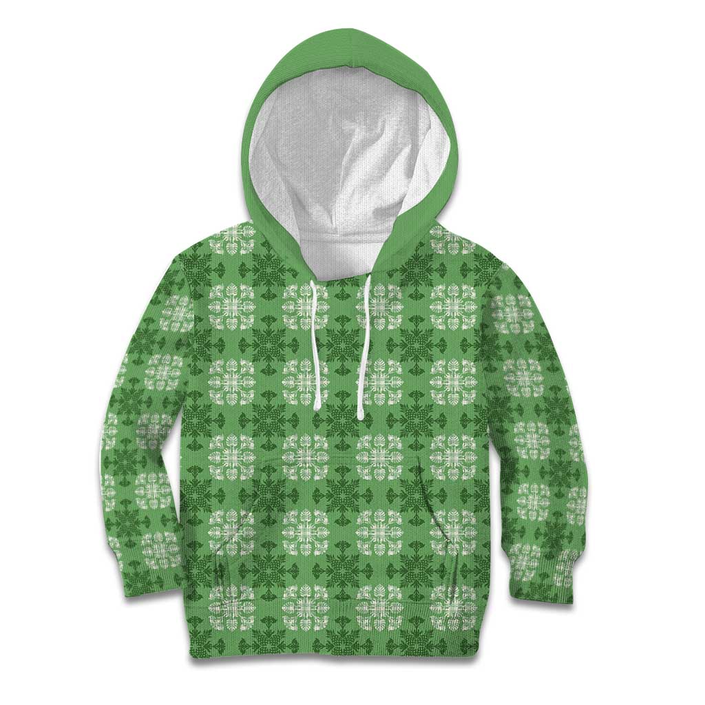 Green Hawaiian Quilt Kid Hoodie Hawaii Pineapple Monstera Palaka Motifs - Polynesian Pride