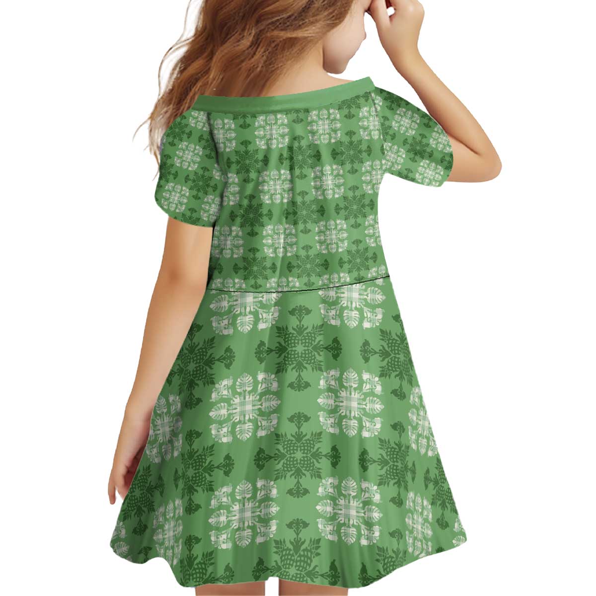 Green Hawaiian Quilt Kid Short Sleeve Dress Hawaii Pineapple Monstera Palaka Motifs - Polynesian Pride
