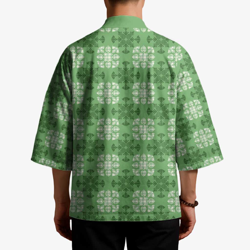 Green Hawaiian Quilt Kimono Hawaii Pineapple Monstera Palaka Motifs - Polynesian Pride