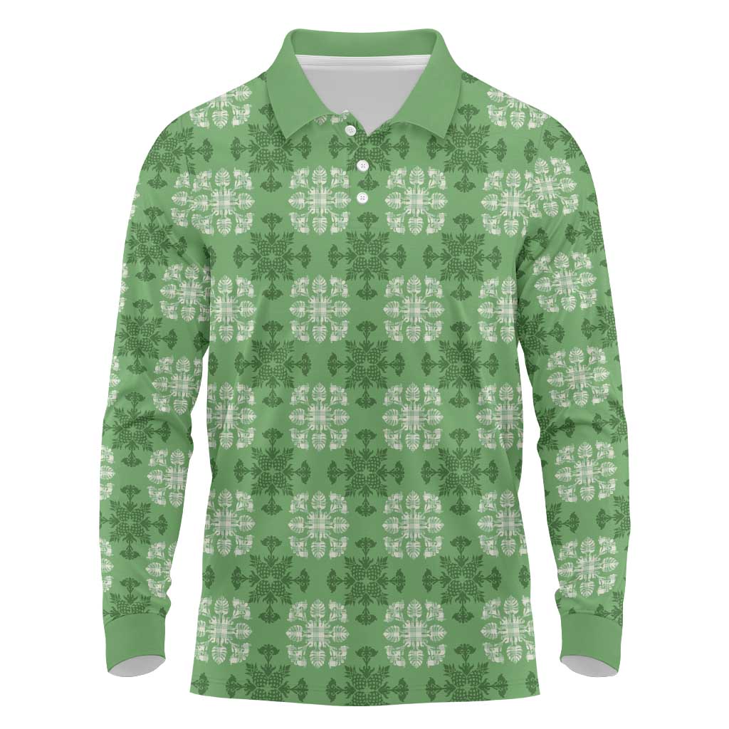 Green Hawaiian Quilt Long Sleeve Polo Shirt Hawaii Pineapple Monstera Palaka Motifs - Polynesian Pride