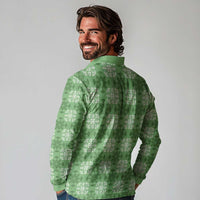 Green Hawaiian Quilt Long Sleeve Polo Shirt Hawaii Pineapple Monstera Palaka Motifs - Polynesian Pride