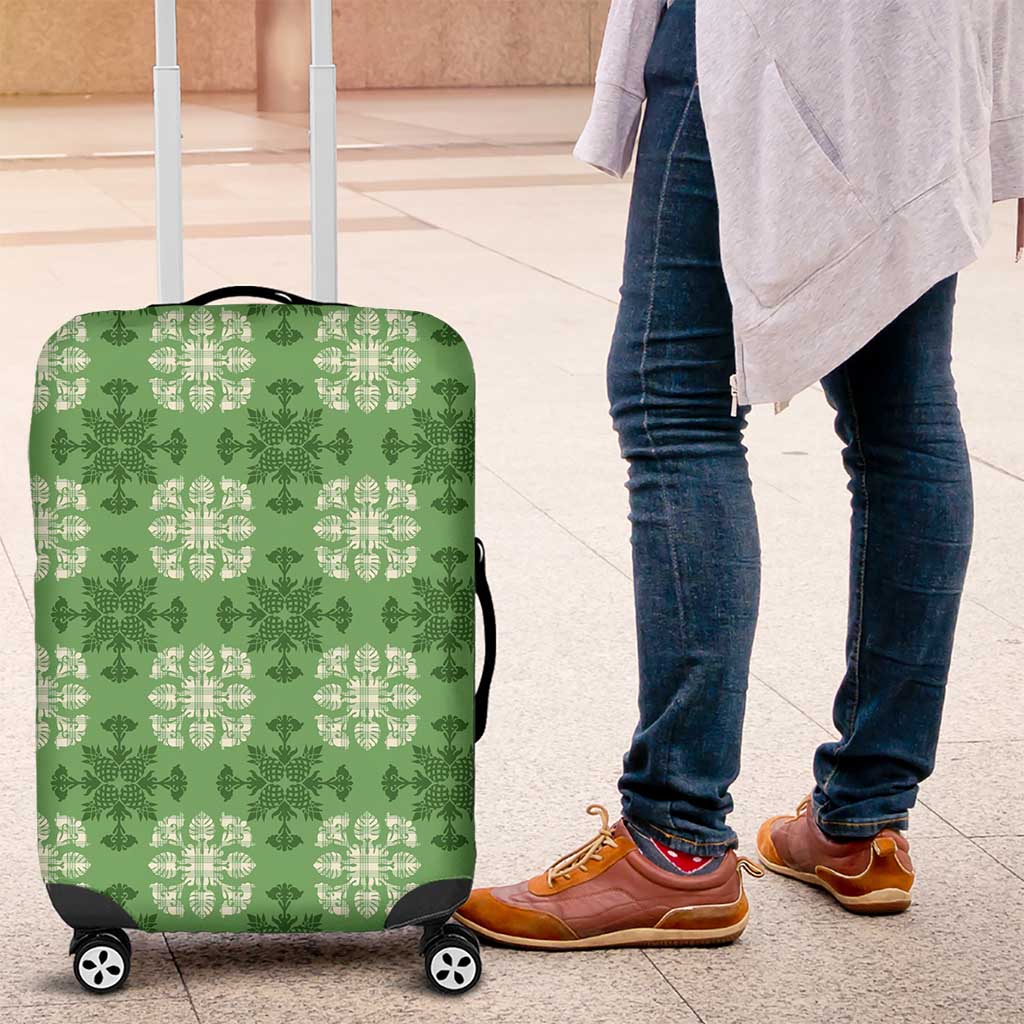 Green Hawaiian Quilt Luggage Cover Hawaii Pineapple Monstera Palaka Motifs - Polynesian Pride