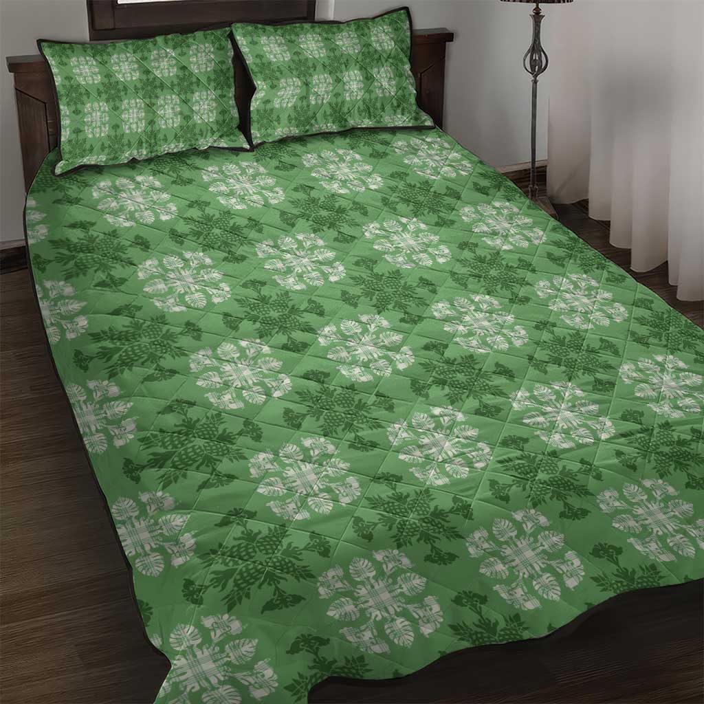 Green Hawaiian Quilt Quilt Bed Set Hawaii Pineapple Monstera Palaka Motifs - Polynesian Pride