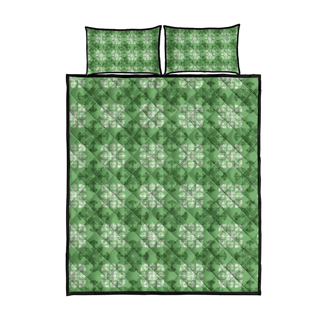 Green Hawaiian Quilt Quilt Bed Set Hawaii Pineapple Monstera Palaka Motifs - Polynesian Pride
