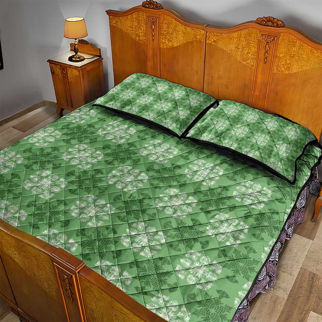 Green Hawaiian Quilt Quilt Bed Set Hawaii Pineapple Monstera Palaka Motifs - Polynesian Pride