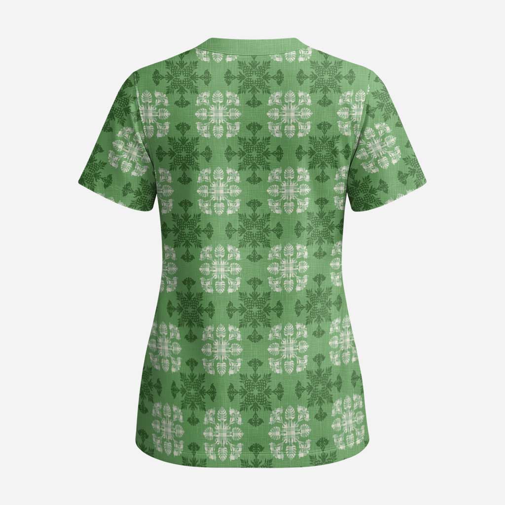Green Hawaiian Quilt Scrub Top Hawaii Pineapple Monstera Palaka Motifs - Polynesian Pride