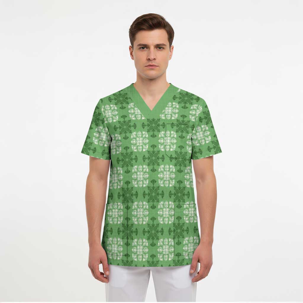 Green Hawaiian Quilt Scrub Top Hawaii Pineapple Monstera Palaka Motifs - Polynesian Pride