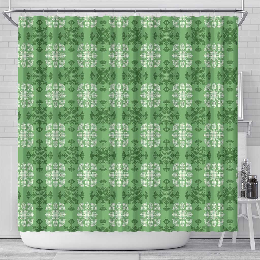 Green Hawaiian Quilt Shower Curtain Hawaii Pineapple Monstera Palaka Motifs - Polynesian Pride