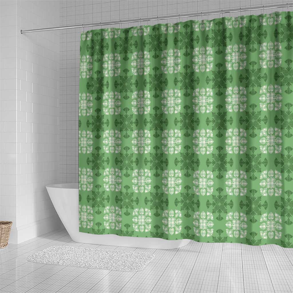 Green Hawaiian Quilt Shower Curtain Hawaii Pineapple Monstera Palaka Motifs - Polynesian Pride