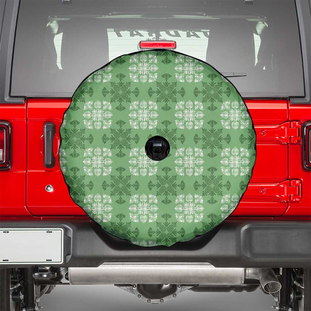 Green Hawaiian Quilt Spare Tire Cover Hawaii Pineapple Monstera Palaka Motifs - Polynesian Pride