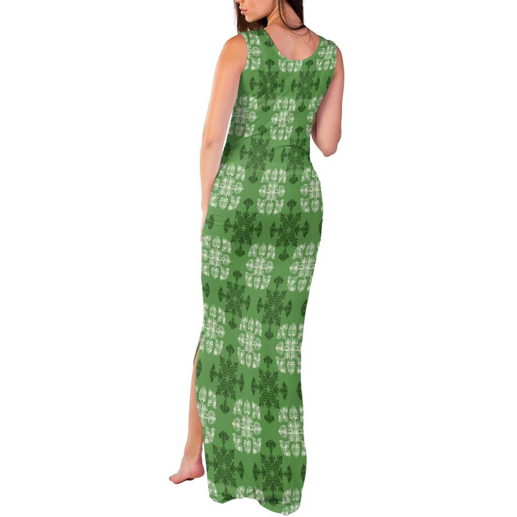 Green Hawaiian Quilt Tank Maxi Dress Hawaii Pineapple Monstera Palaka Motifs - Polynesian Pride